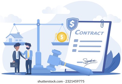 Real estate contract concept. Handshake of businessmen making deal, agreements and transactions related to property. House purchases, rental agreements, and mortgage arrangement. Vector illustration.