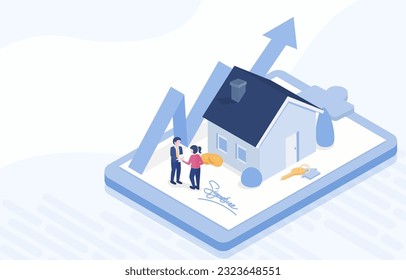 Concepto de contrato inmobiliario. Acuerdo jurídico sobre la vivienda, venta, compra, alquiler o arrendamiento de una propiedad. Documentos vinculantes para el vendedor y el comprador. Isometric 3D vector design ilustración.