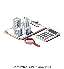 Real estate, contract documentation, calculator, magnifier, stroke illustration. Vector 3d line isometric, color web icons, new flat style. Creative design idea for infographics.