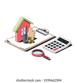 Real estate, contract documentation, calculator, coins like thumbs up, magnifier, stroke illustration. Vector 3d line isometric, color web icons, new flat style. Creative design idea for infographics.
