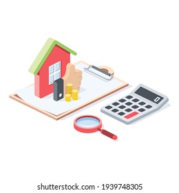 Inmobiliaria, documentación de contrato, calculadora, monedas como pulgares arriba, lupa, ilustración de apoplejía. Vector 3d línea isométrica, iconos de color web, nuevo estilo plano. Idea de diseño creativo para infografías.