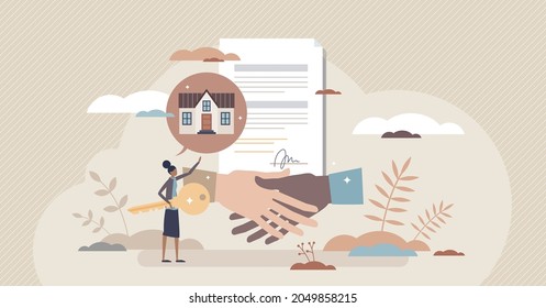 Real estate contract and house purchase agreement deal tiny person concept. Successful application to buy apartment or property vector illustration. Bank financing accept and agent with new home key.