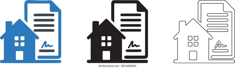 Real Estate Contract Icon Set, Property Documents, Home Purchase Agreement, Black Blue Outline Vector Pictogram Collection