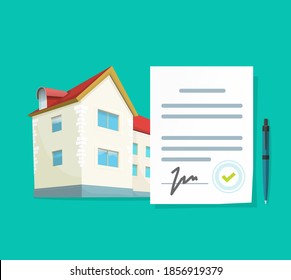 Real estate contract lease buy home vector or grant agreement to loan mortgage on new apartment purchase concept with rental approved signed document, house selling or buying idea 