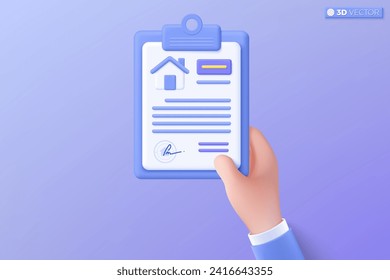 Real estate contract on 3D clipboard icon symbol. Mortage home, Purchase, Loan, lease, Rental and selling real estate business concept. 3D vector isolated illustration, Cartoon pastel Minimal style.