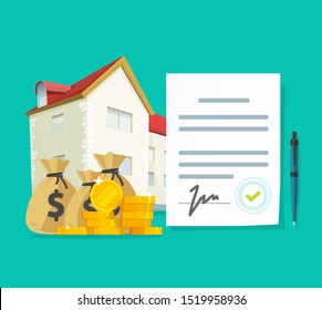 Real estate contract or property mortgage loan signed agreement vector illustration, flat cartoon house or apartment with financial document as investment or purchase, credit or rental deal budget