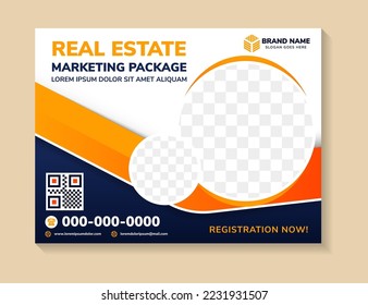 Real estate corporate business banner template, horizontal advertising marketing package in horizontal layout template, Cover header background for website design. circle space photo collage.