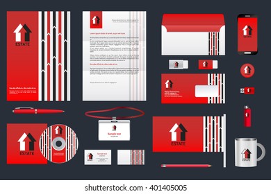 Real estate corporate identity branding template. Business documentation.
Business stationery mock-up with logo. Red background
