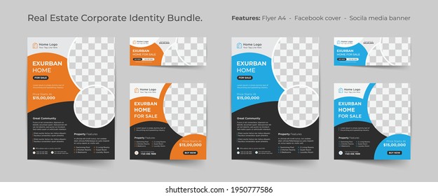 real estate corporate identity bundle with flyer  social media banner, real estate Corporate flyer, real estate social media post, real estate banner cover template bundle design.