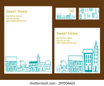 Real estate corporate identity template with orange houses. Vector company style for brandbook and guideline