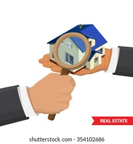 Real estate costs expenses value rent price concept flat 3d web isometric infographic illustration. big hand holds a house, the other hand sees it through a magnifying glass