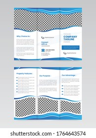 Diseño de folletos creativos inmobiliarios, plantilla de folletos de negocios, tres pliegues creativos, cinta de folletos de tendencia. Negocio, presentación, abstracto, vector, marketing.
