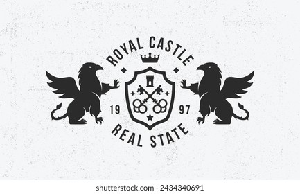 Real Estate crest logo. Estate shop vintage logo. Real Estate logo with heraldic Griffins and grain texture. Logo, Poster for real estate, properties business. Vector illustration