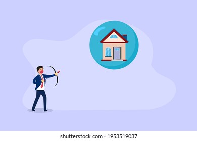Real estate crisis concept. Businessman wearing face mask while using a bow and arrow to burst a soap bubble with house symbol