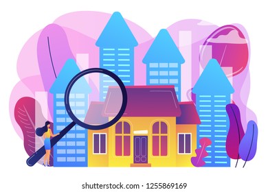 Real estate customer with magnifier looking for property for sale. Real estate market, real estate transactions, property market concept. Bright vibrant violet vector isolated illustration