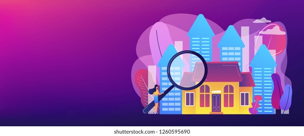 Real estate customer with magnifier looking for property for sale. Real estate market, real estate transactions, property market concept. Header or footer banner template with copy space.