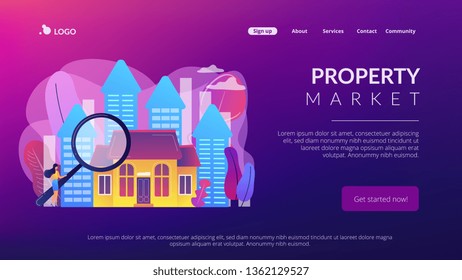 Real estate customer with magnifier looking for property for sale. Real estate market, real estate transactions, property market concept. Website vibrant violet landing web page template.