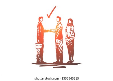 Real estate, deal, customer, agent, property concept. Hand drawn customer and real estate agent concept sketch. Isolated vector illustration.