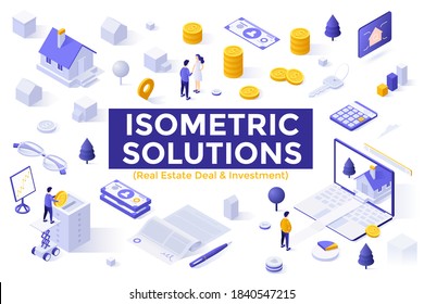 Real Estate Deal and Investment set - property buyers and sellers, houses, service for search for real estate. Bundle of isometric design elements isolated on white background. Vector illustration.