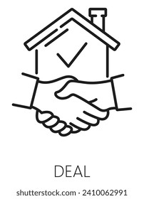 Real estate deal thin line icon with handshake. Apartment loan service linear symbol, house rent market or dwelling sale company thin line vector sign with house silhouette and businessman handshake