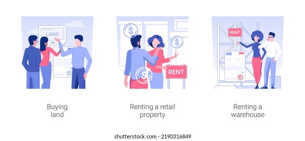 Real Estate Deals Isolated Concept Vector Illustration Set. Buying Land, Renting A Retail Property And A Warehouse, Realtor Services And Brokerage Company, Money Investment Vector Cartoon.