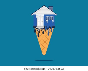 Real estate depreciates. The house melted like ice cream. vector 