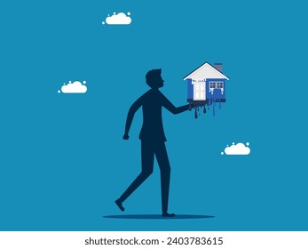 Real estate depreciates. man holding a melted house. vector 