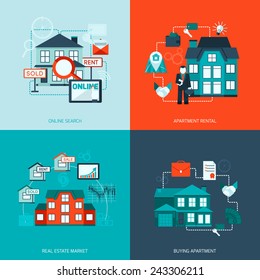 Real estate design concept set with online search apartment rental market buying flat icon isolated vector illustration