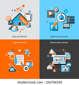 Real estate design concept set with sale and rental market apartment search improvements flat icons isolated vector illustration 