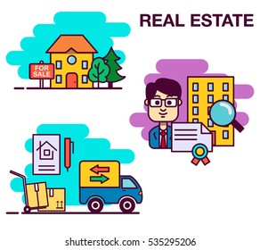 Real estate design concept set with online search apartment rental market buying flat icon isolated vector illustration.