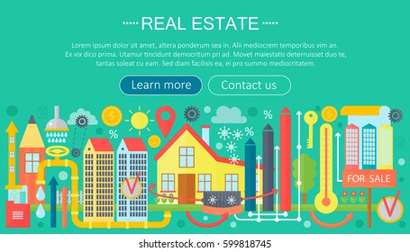Real estate design concept set with online search apartment rental market buying flat icon infographics template design, web header icons elements. Vector illustration.