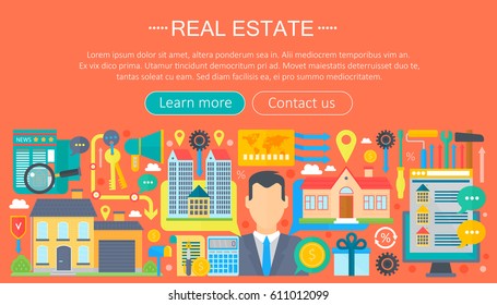 Real estate design concept set with online search apartment rental market buying flat icon infographics template design, web header icons elements. Vector illustration.