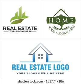 Real estate design logo with leaf building roof tree green and home vector suitable for mortgage team nature environmental