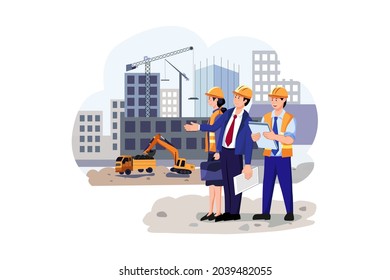 Real estate developer checking work of building Illustration concept. Flat illustration isolated on white background.