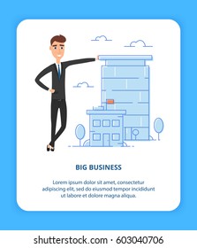 Real estate developer entrepreneur or big business owner concept. Business man owner of skyscraper buildings property standing and leaning to them. Flat line style vector illustration