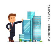Real estate developer entrepreneur concept. Business man owner of skyscraper buildings property standing and leaning to them. Modern flat style vector illustration isolated on white background.