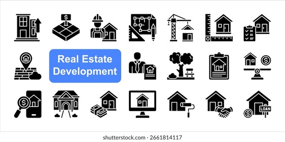 Conjunto de colección de iconos de desarrollo inmobiliario Edificio, tierra, constructor, plano, construcción, casa, Locación, agente, hipoteca, bienes raíces.