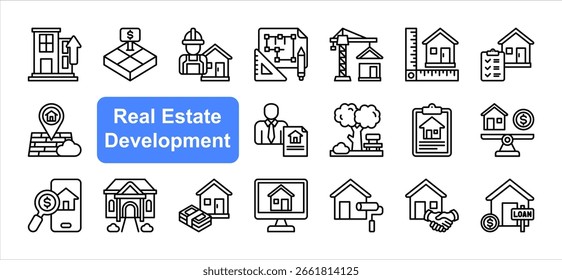 Conjunto de colección de iconos de desarrollo inmobiliario Edificio, tierra, constructor, plano, construcción, casa, Locación, agente, hipoteca, bienes raíces.