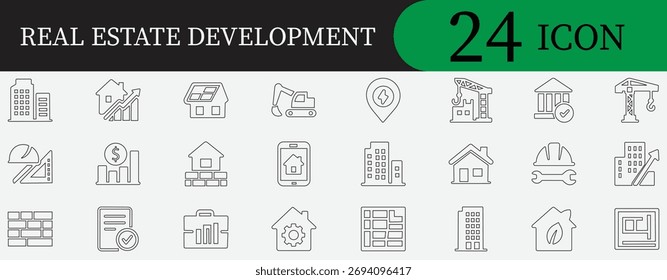 Conjunto de iconos de desarrollo inmobiliario con símbolos modernos de construcción, arquitectura, construcción, vivienda e inversión. Vector editable para negocios inmobiliarios.
