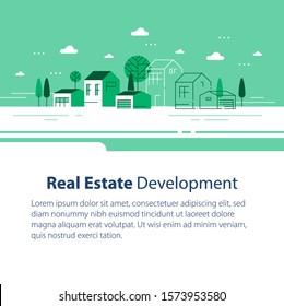 Real Estate Development, Residential Building, Modern Minimalist Architecture, House Construction, Green Neighborhood, Vector Flat Design Illustration