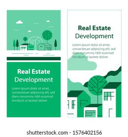 Real estate development, residential building, modern minimalist architecture, house construction, green neighborhood, banner template with text field, vector flat design illustration