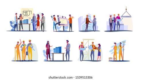 Real estate development set. Architects working on building design, foreman and engineer shaking hand. Flat vector illustrations. Construction concept for banner, website design or landing web page