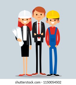 Real estate development team. Agent, developer, engineer, foreman, architect, builder, constructor, manager. Vector illustration. Flat design. 