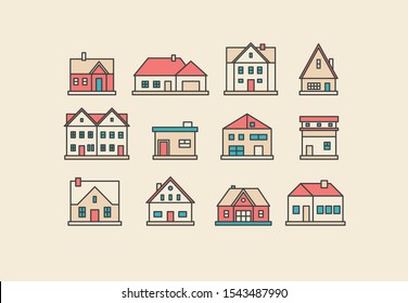 Real estate. Different buildings, houses. Minimalistic icons, logos. Colored graphic vector set. Cartoon style, simple flat design. Trendy illustration. Every icon is isolated