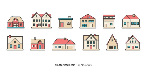 Real estate. Different buildings, houses. Minimalistic icons, logos. Colorful graphic vector set. Cartoon style, simple flat design. Trendy illustration. Every icon is isolated on a white background