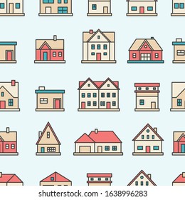 Real estate. Different buildings, houses. Minimalistic outline icons. Colored graphic vector seamless pattern. Cartoon style, simple flat design. Trendy illustration. Blue background