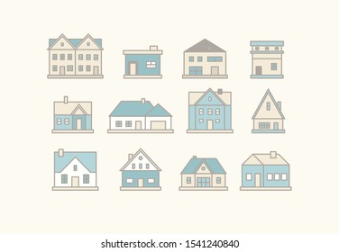 Real estate. Different buildings. Minimalistic icons, logos. Colored graphic vector set. Cartoon style, simple flat design. Trendy illustration. Every icon is isolated