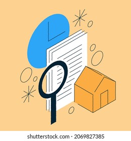Real estate document deal isometric vector illustration. Prepare payment document for buying or rent house with magnifying glass and clocks. Legal, loan, mortgage or purchasing agreement concept