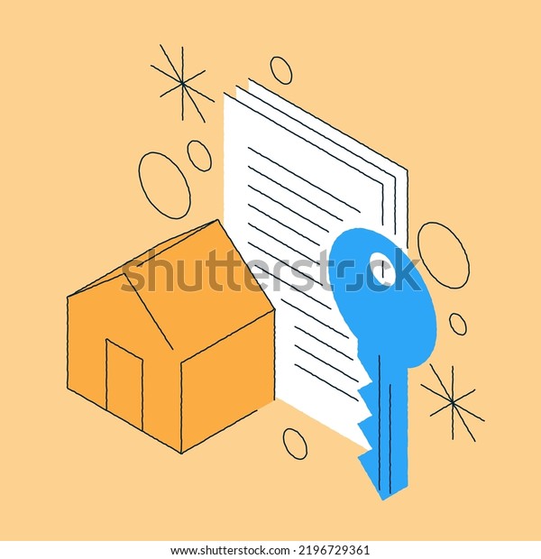 Real estate document\
deal isometric vector illustration. Prepare payment document for\
buying or rent house with key. Legal, loan, mortgage or purchasing\
agreement concept.