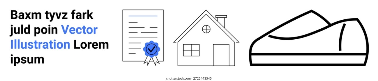 Bienes raíces, documentación, certificación, vivienda, inversión, propiedad de la propiedad. Un icono de certificado, casa y zapato ilustrado en diseño plano. Concepto inmobiliario y de documentación